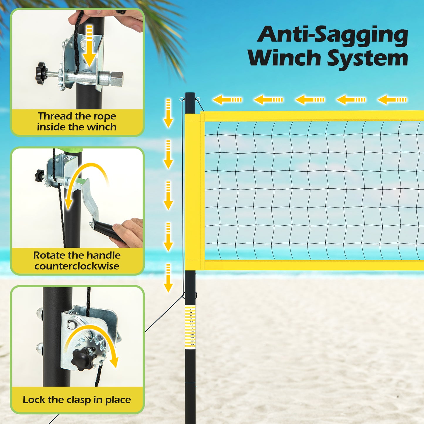 Portable Outdoor Volleyball Net Set With Height Adjustable Poles For Backyard Yellow