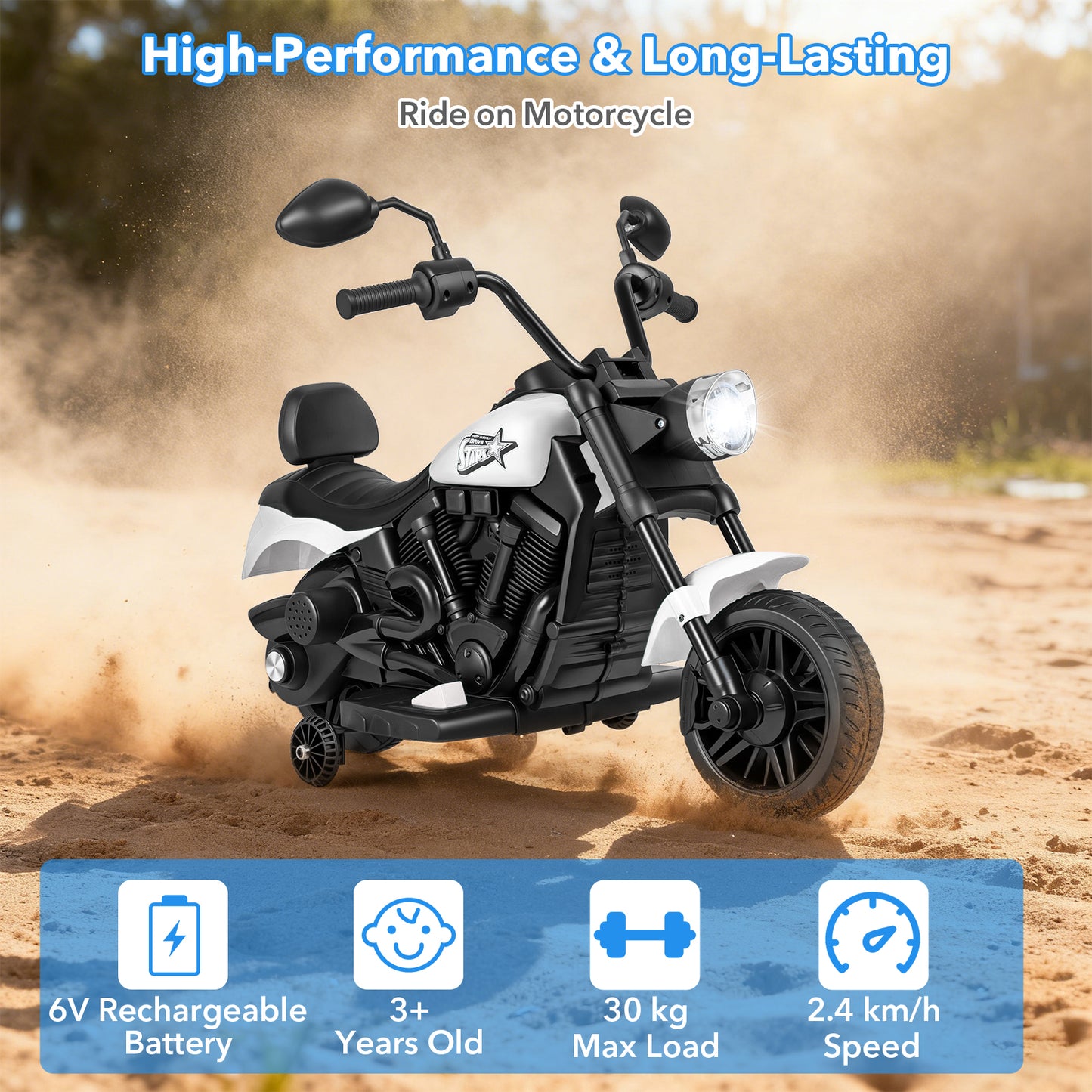 6V Electric Ride On Motorcycle | Training Wheels & Music White