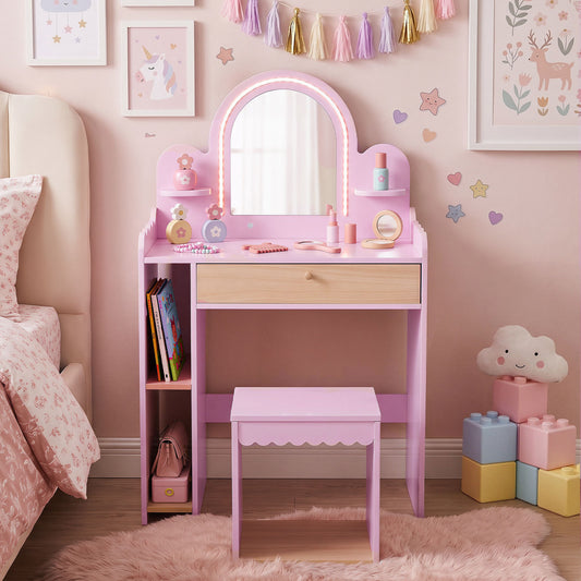 Costway Pretend Makeup Dressing Table Set with 2 Small Shelves and amp for Children Aged 3+ -Pink