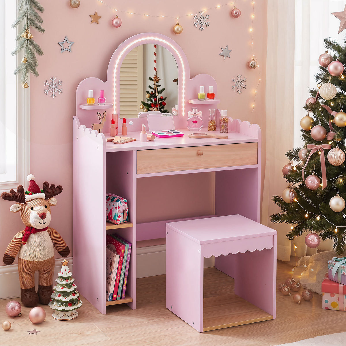 Pink Kids Vanity Set | Lighted Mirror Shelves & Storage Stool