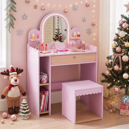 Pink Kids Vanity Set | Lighted Mirror Shelves & Storage Stool