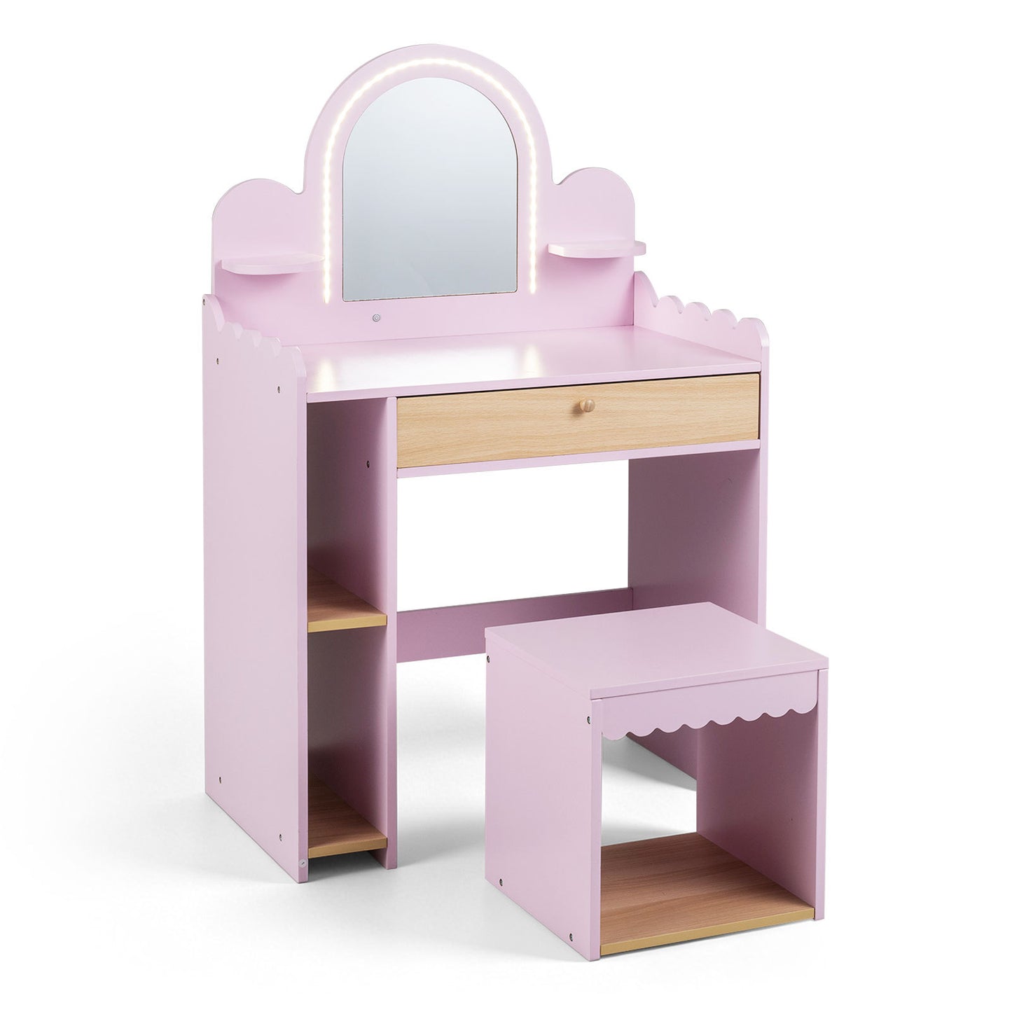 Pink Kids Vanity Set | Lighted Mirror Shelves & Storage Stool