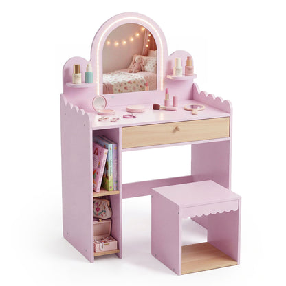 Pink Kids Vanity Set | Lighted Mirror Shelves & Storage Stool