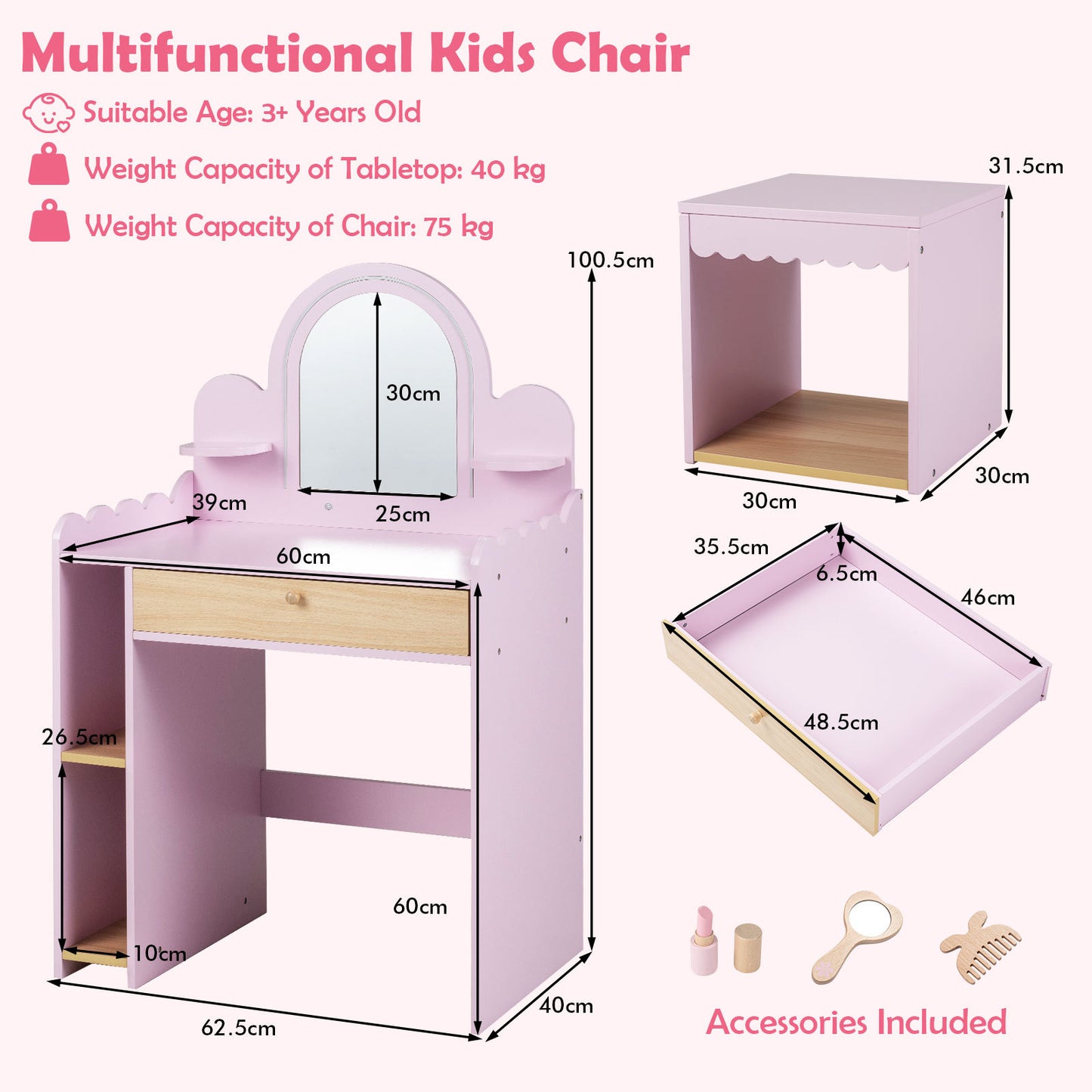 Pink Kids Vanity Set | Lighted Mirror Shelves & Storage Stool