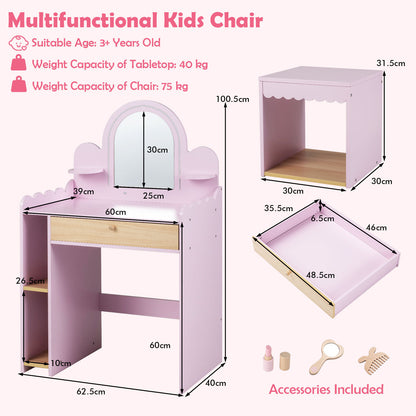 Pink Kids Vanity Set | Lighted Mirror Shelves & Storage Stool