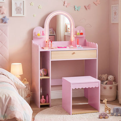 Pink Kids Vanity Set | Lighted Mirror Shelves & Storage Stool