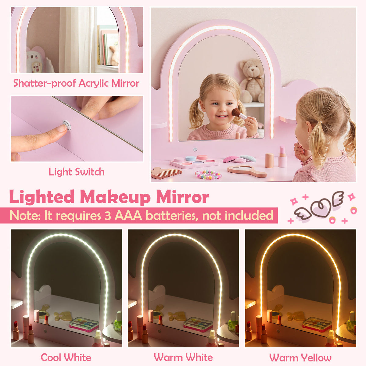 Pink Kids Vanity Set | Lighted Mirror Shelves & Storage Stool