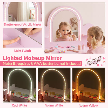 Pink Kids Vanity Set | Lighted Mirror Shelves & Storage Stool