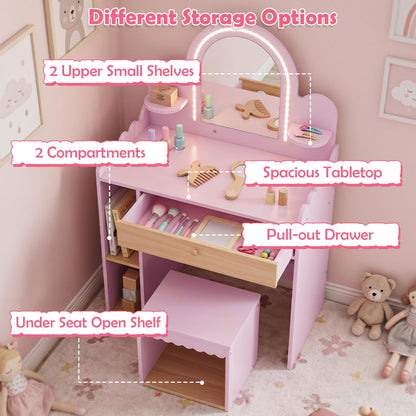 Pink Kids Vanity Set | Lighted Mirror Shelves & Storage Stool