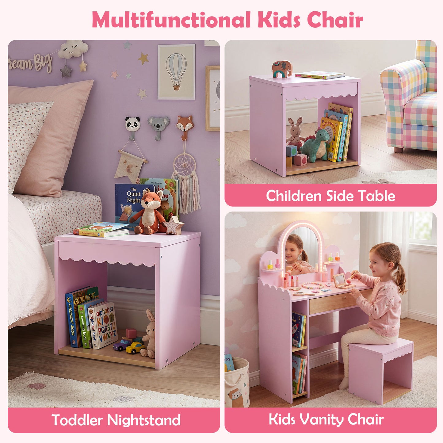 Pink Kids Vanity Set | Lighted Mirror Shelves & Storage Stool