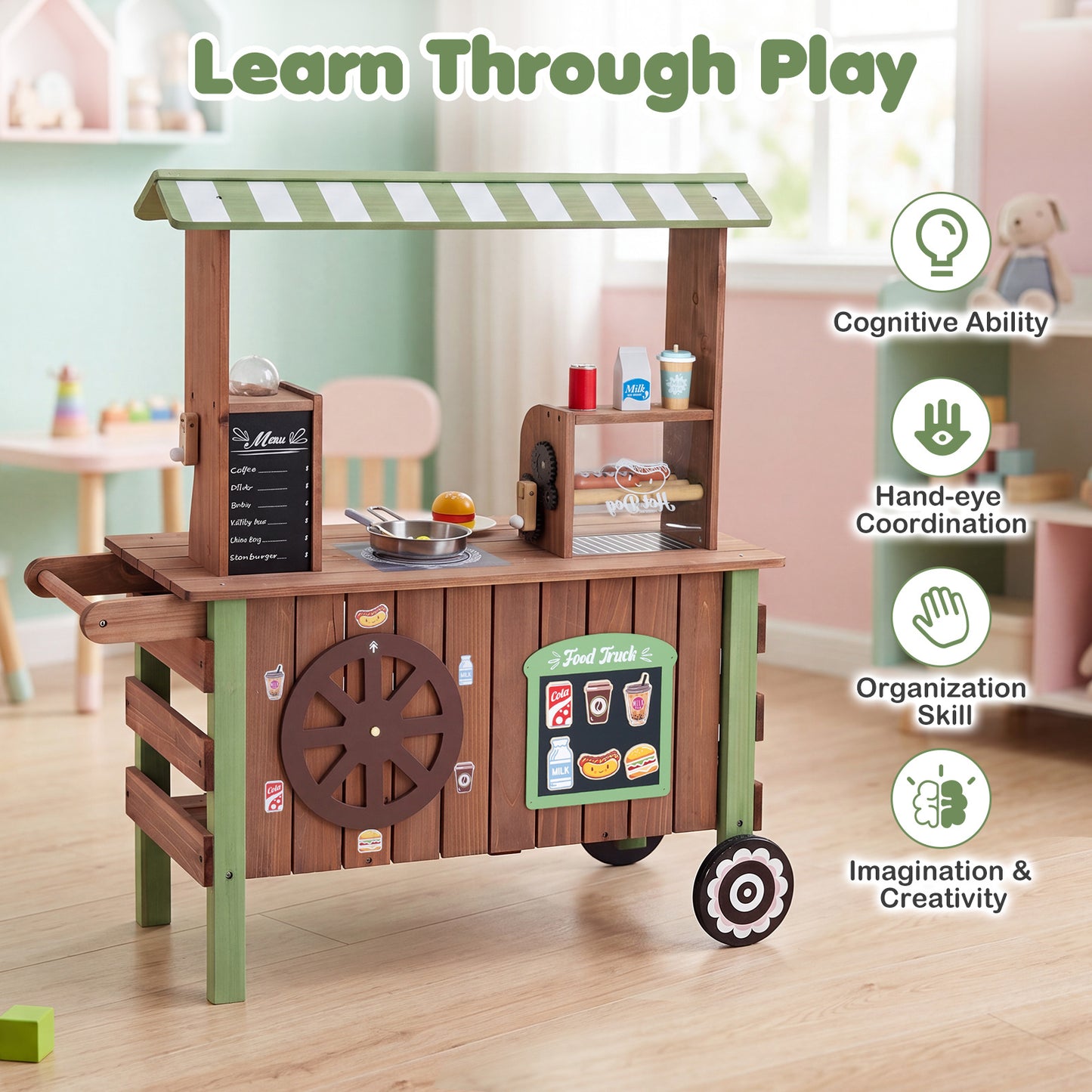 Brown Green Wooden Pretend Play Food Cart | Oven & Shelves
