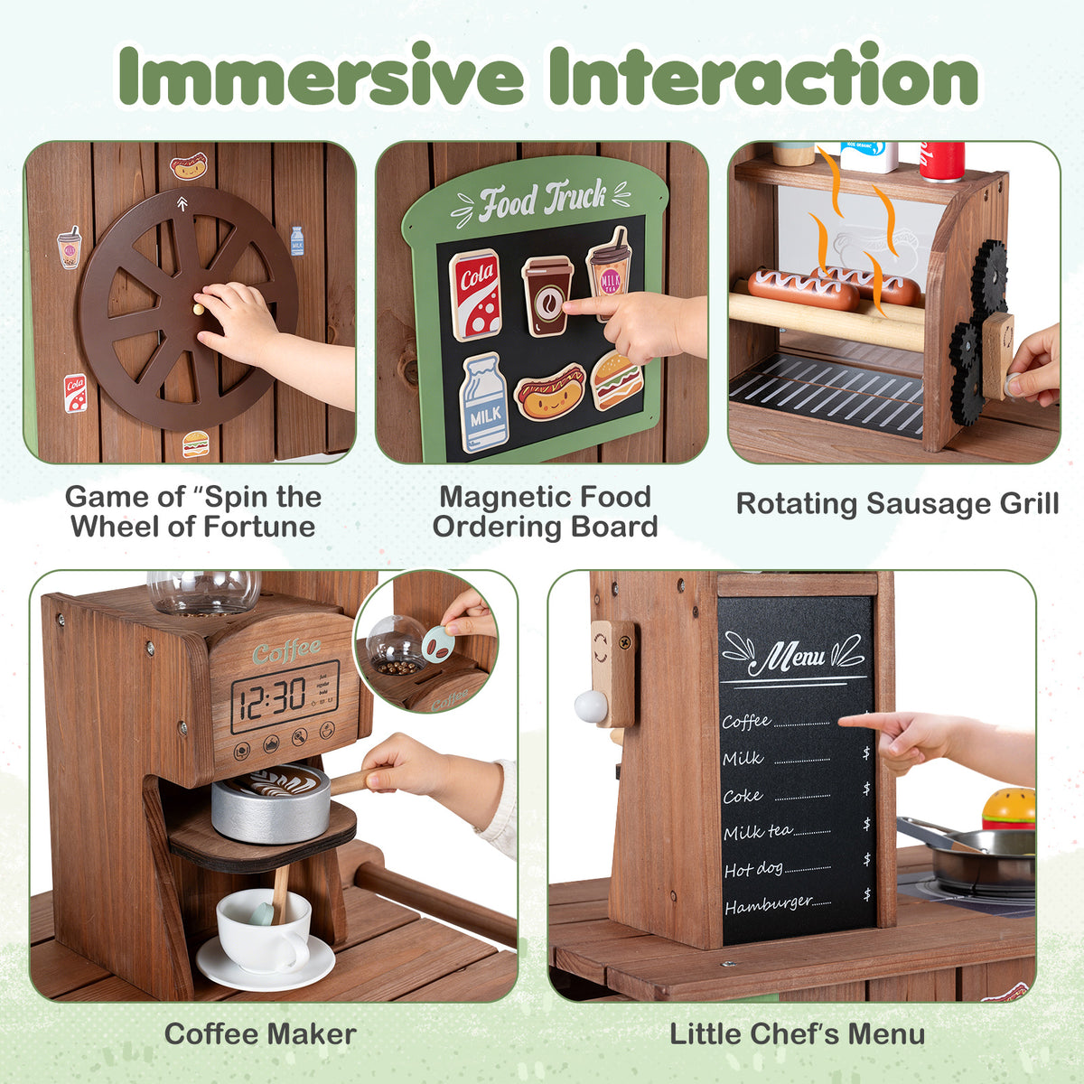 Brown Green Wooden Pretend Play Food Cart | Oven & Shelves