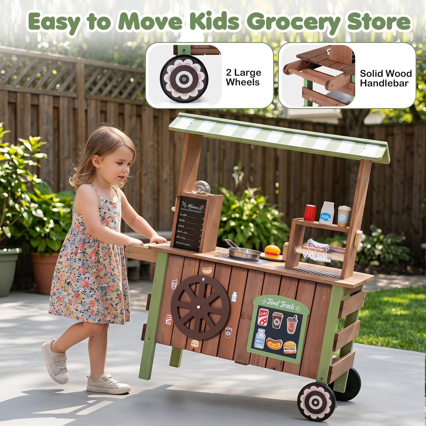 Brown Green Wooden Pretend Play Food Cart | Oven & Shelves