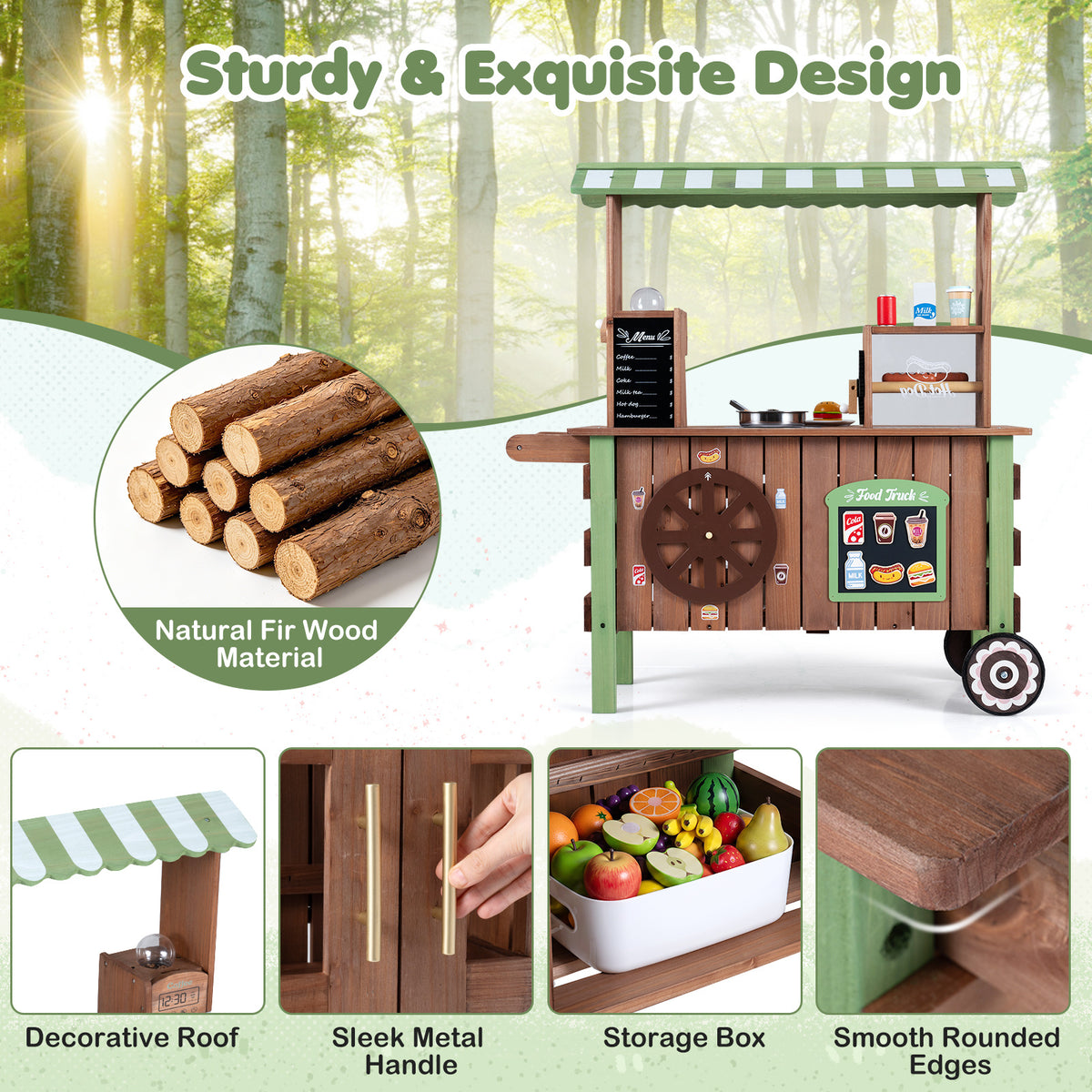 Brown Green Wooden Pretend Play Food Cart | Oven & Shelves