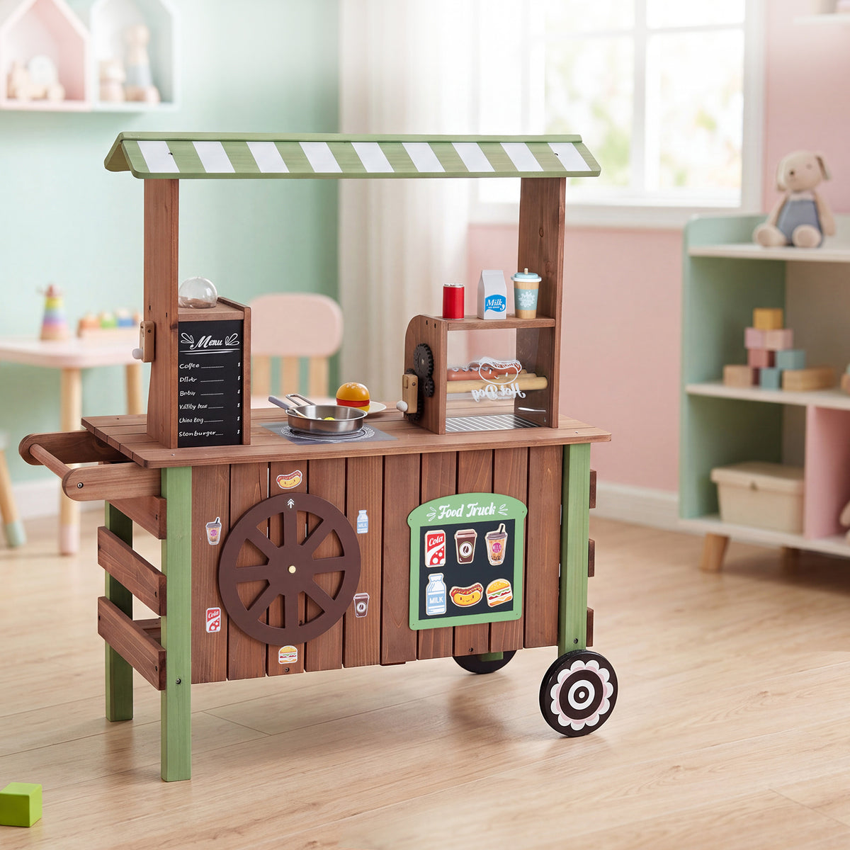 Brown Green Wooden Pretend Play Food Cart | Oven & Shelves