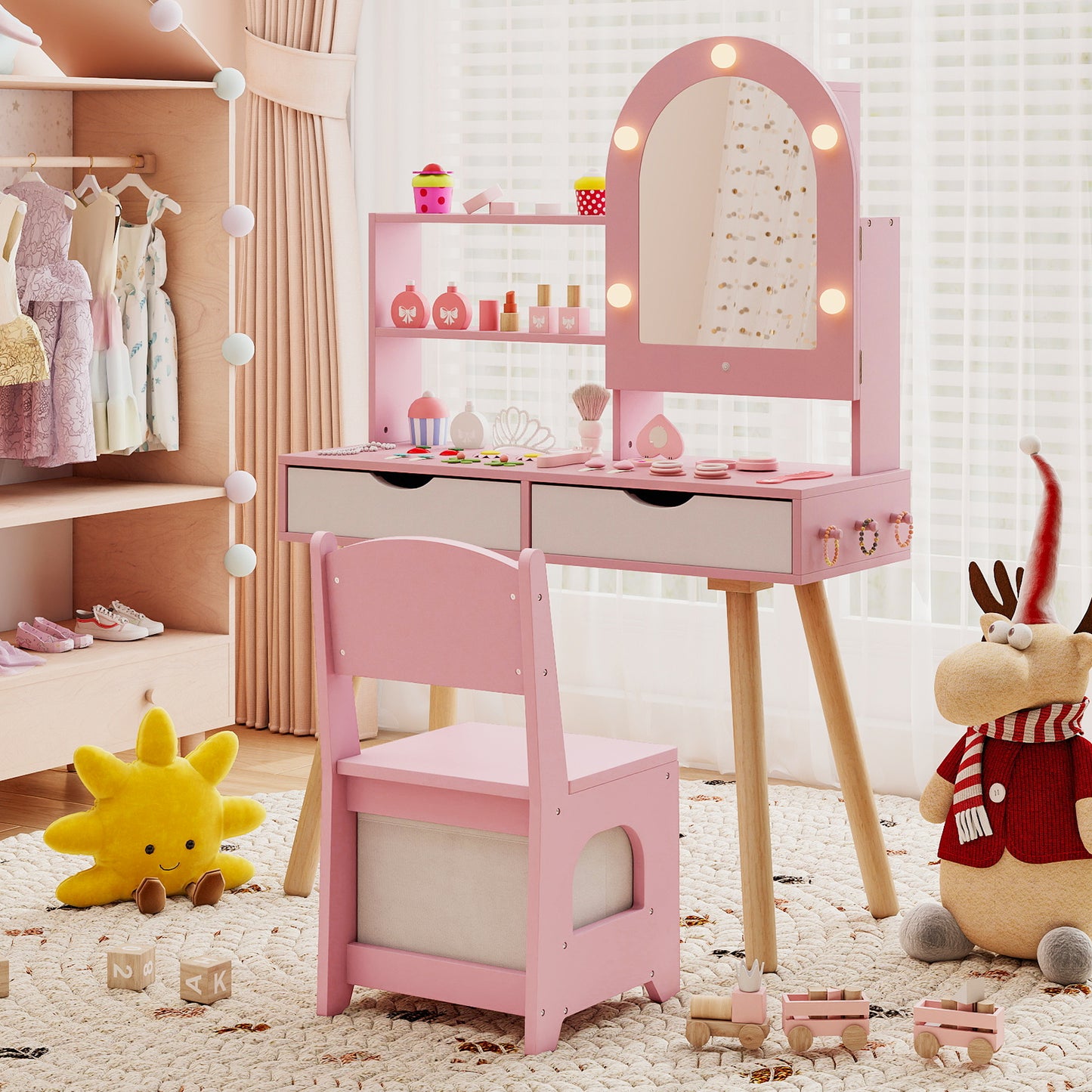 Costway Pretend Play Dressing Table Set with 3-Color Lighting Modes and Adjustable Brightness-Pink