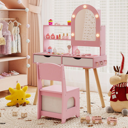 Costway Pretend Play Dressing Table Set with 3-Color Lighting Modes and Adjustable Brightness-Pink