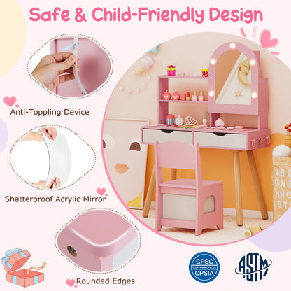 Pink Kids Vanity Set | 3-Color LED Mirror & Storage Drawers