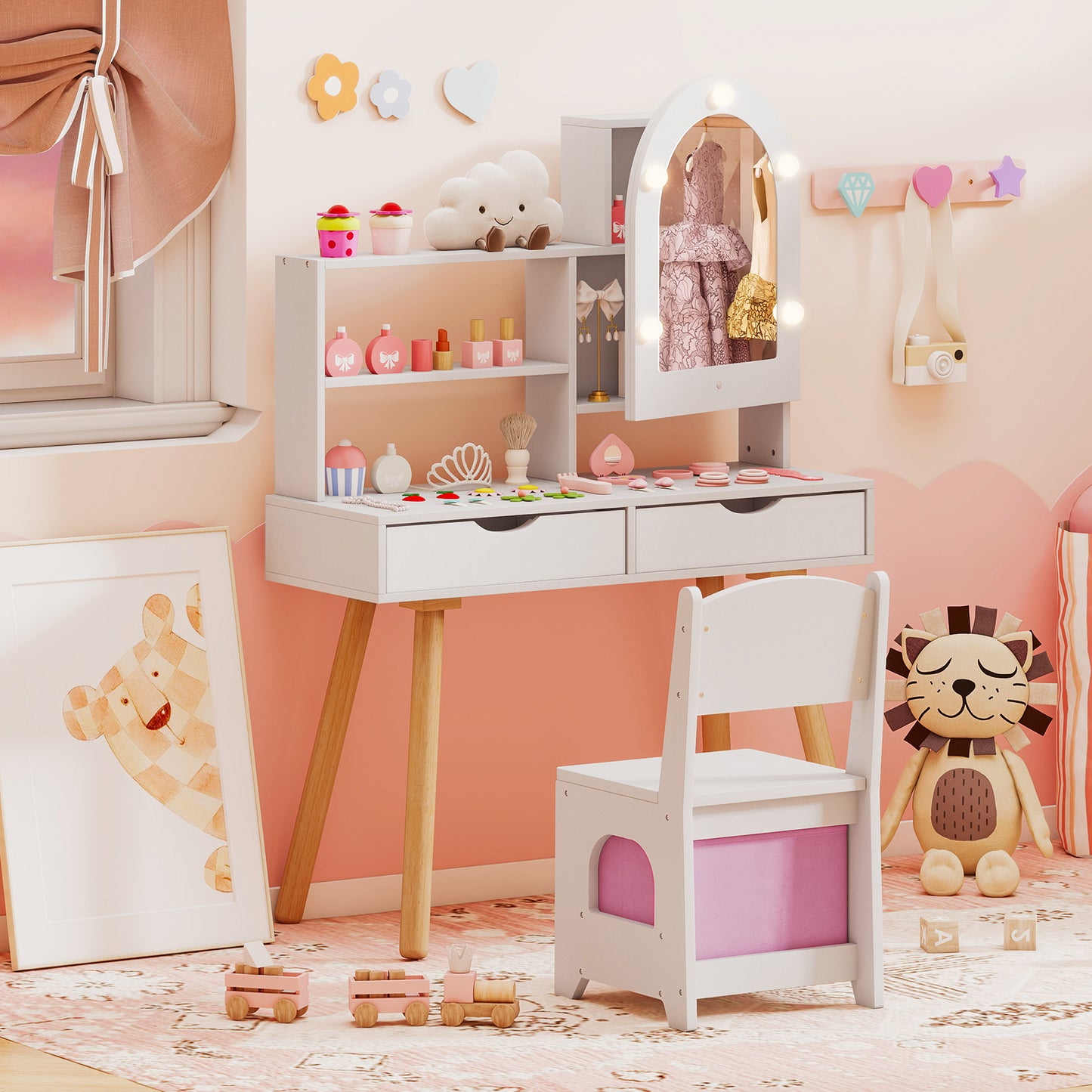 Kids Pretend Play Dressing Table | 3-Color LED Mirror White