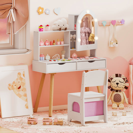 Kids Pretend Play Dressing Table | 3-Color LED Mirror White
