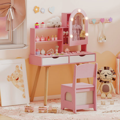 Pink Kids Vanity Set | 3-Color LED Mirror & Storage Drawers