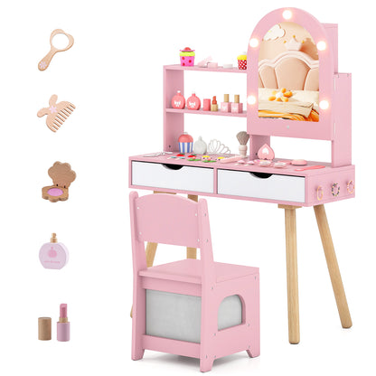 Pink Kids Vanity Set | 3-Color LED Mirror & Storage Drawers