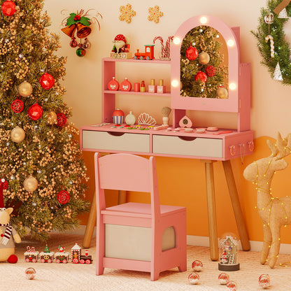 Pink Kids Vanity Set | 3-Color LED Mirror & Storage Drawers