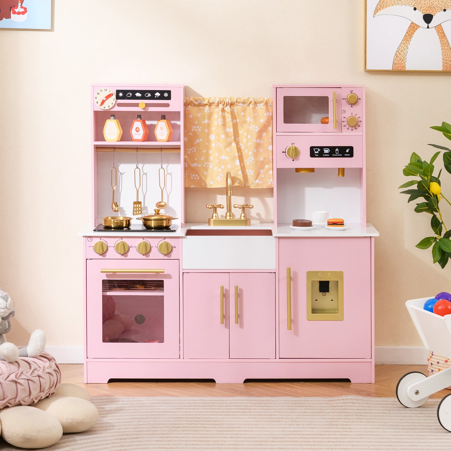 Pretend Play Kitchen for Kids with Coffee Maker Sink Faucet-Pink