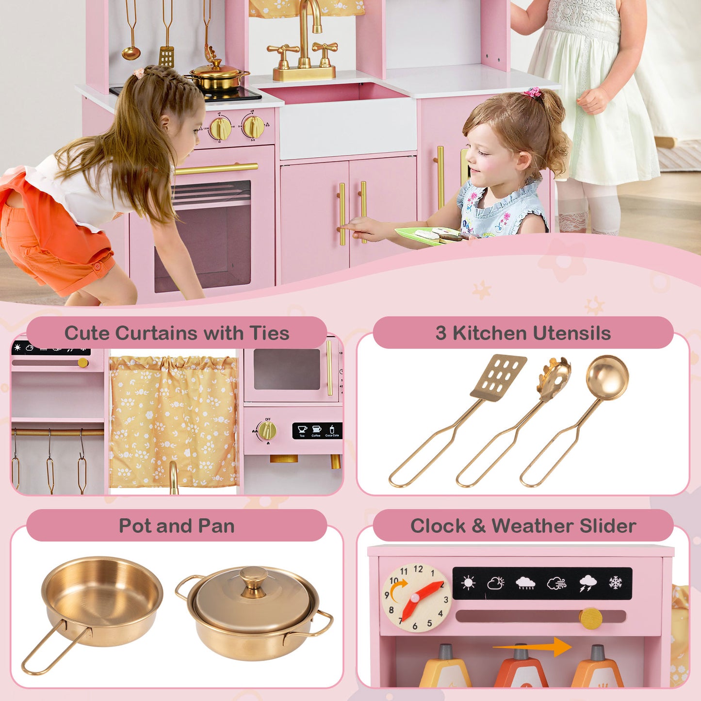 Pink Kids Pretend Kitchen | Coffee Maker Sink Light Sound 3+