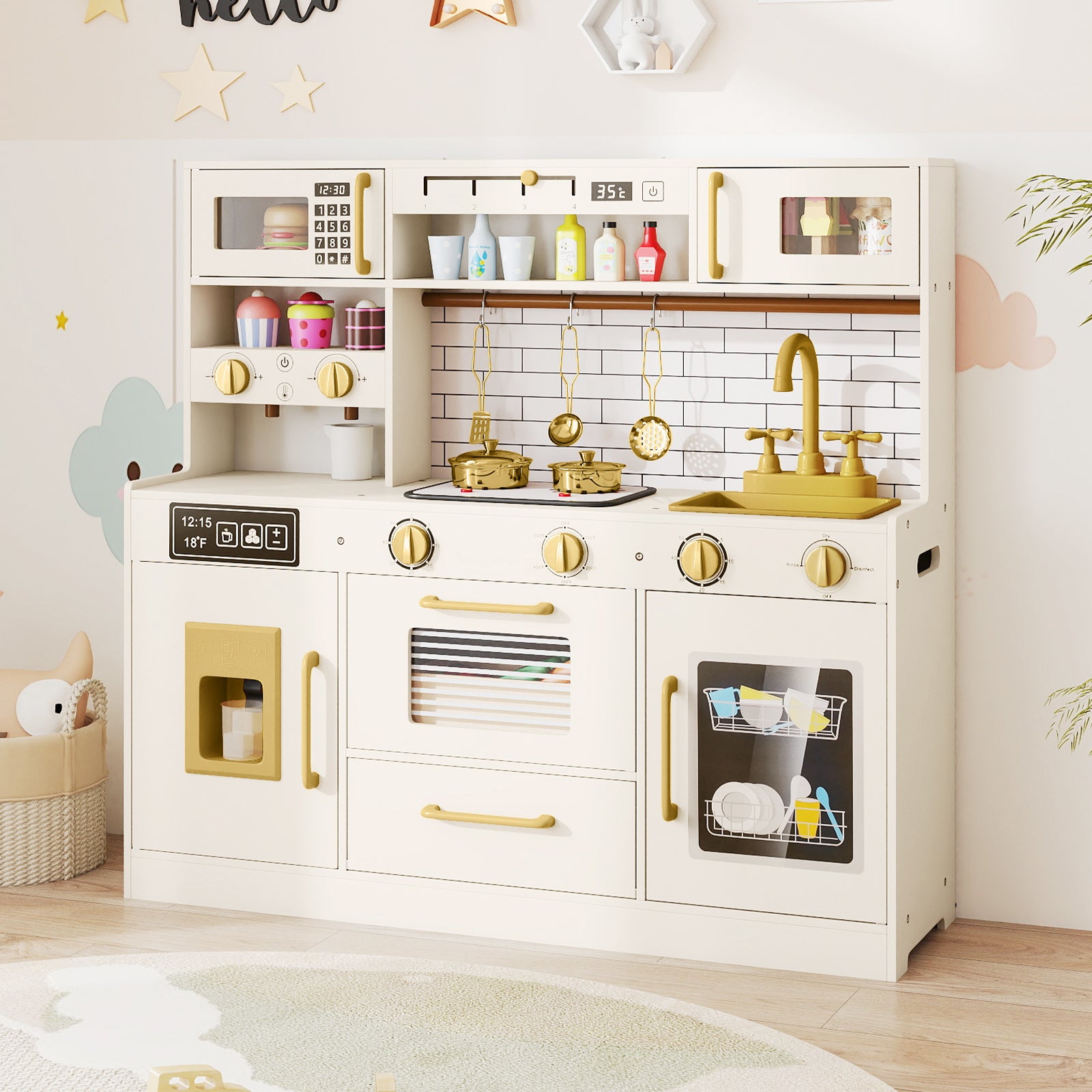 Pretend Toy Kitchen Set with Water Dispenser and Dishwasher-Beige