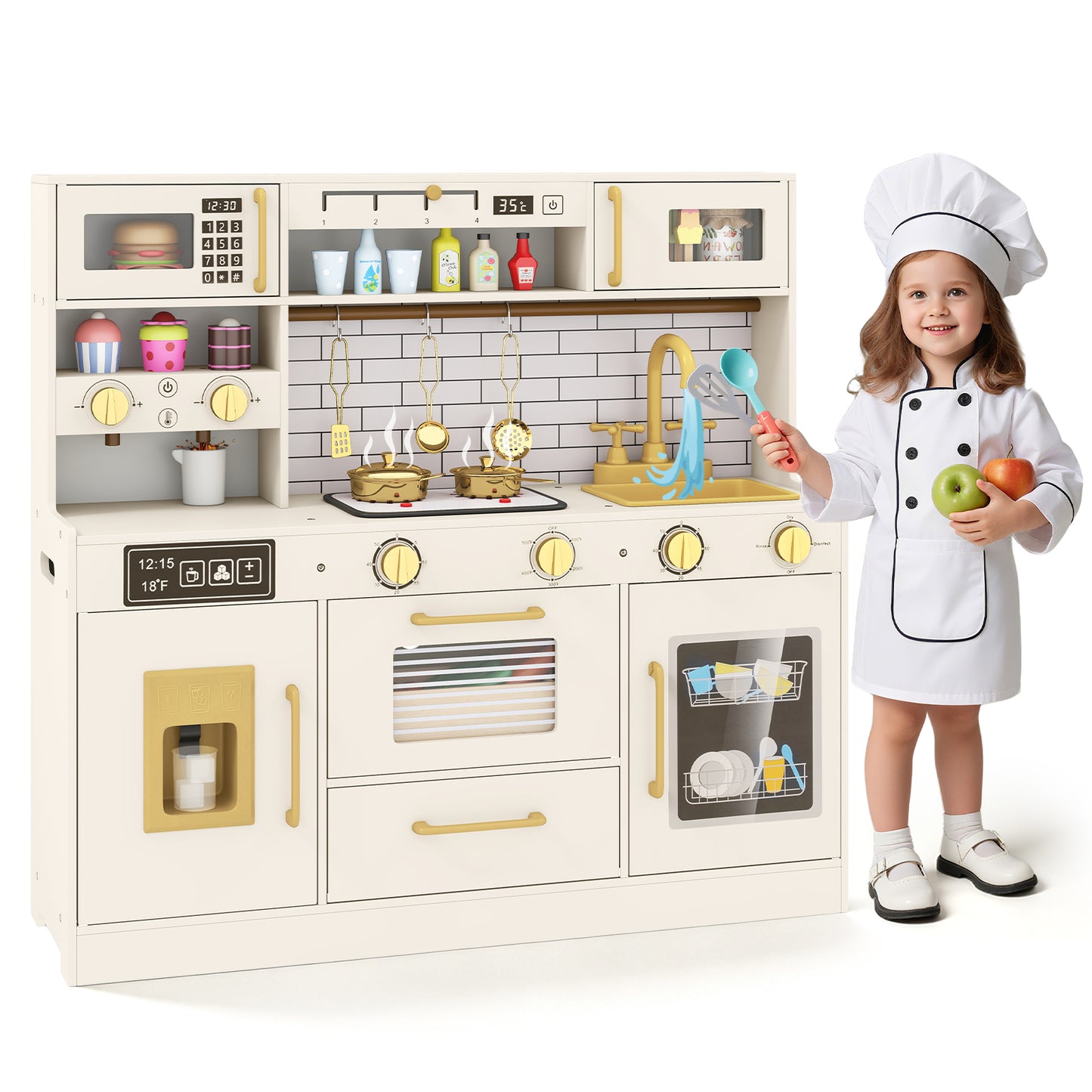 Kids Play Kitchen Set | Beige Toy Kitchen With Water Dispenser