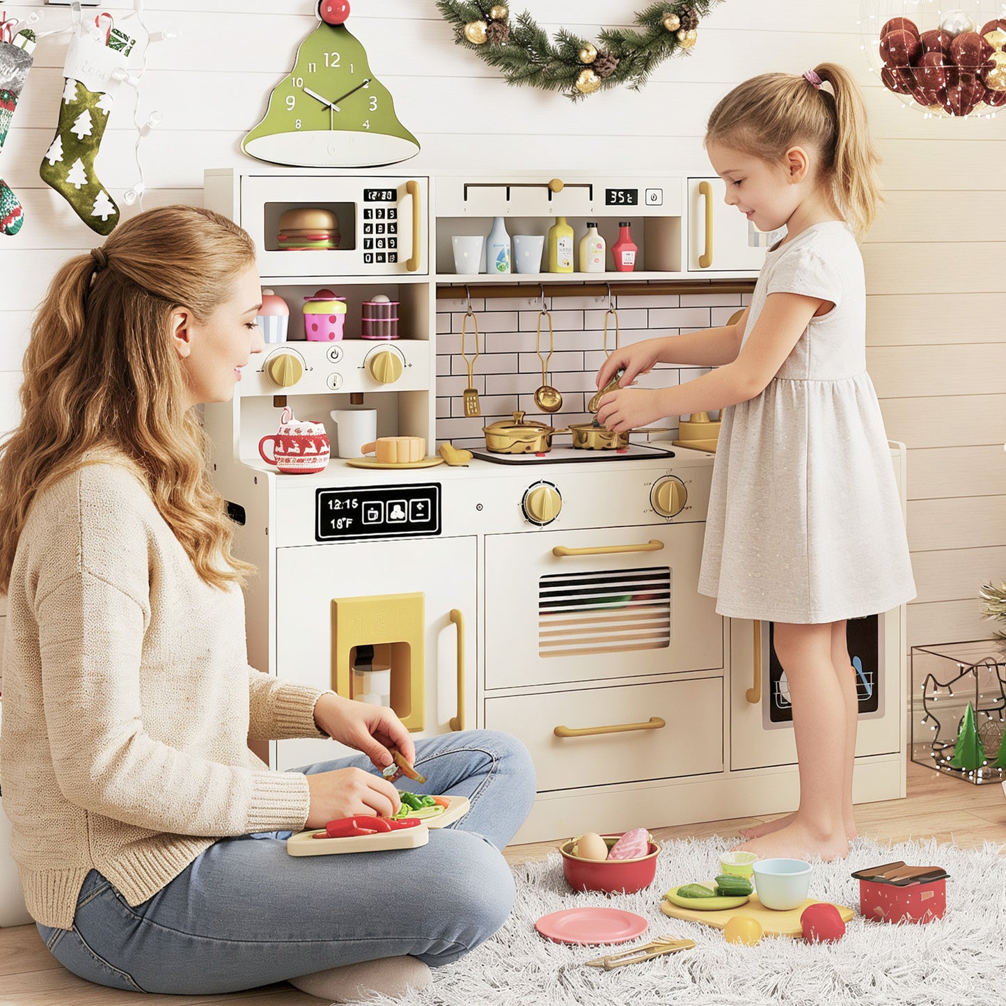 Kids Play Kitchen Set | Beige Toy Kitchen With Water Dispenser