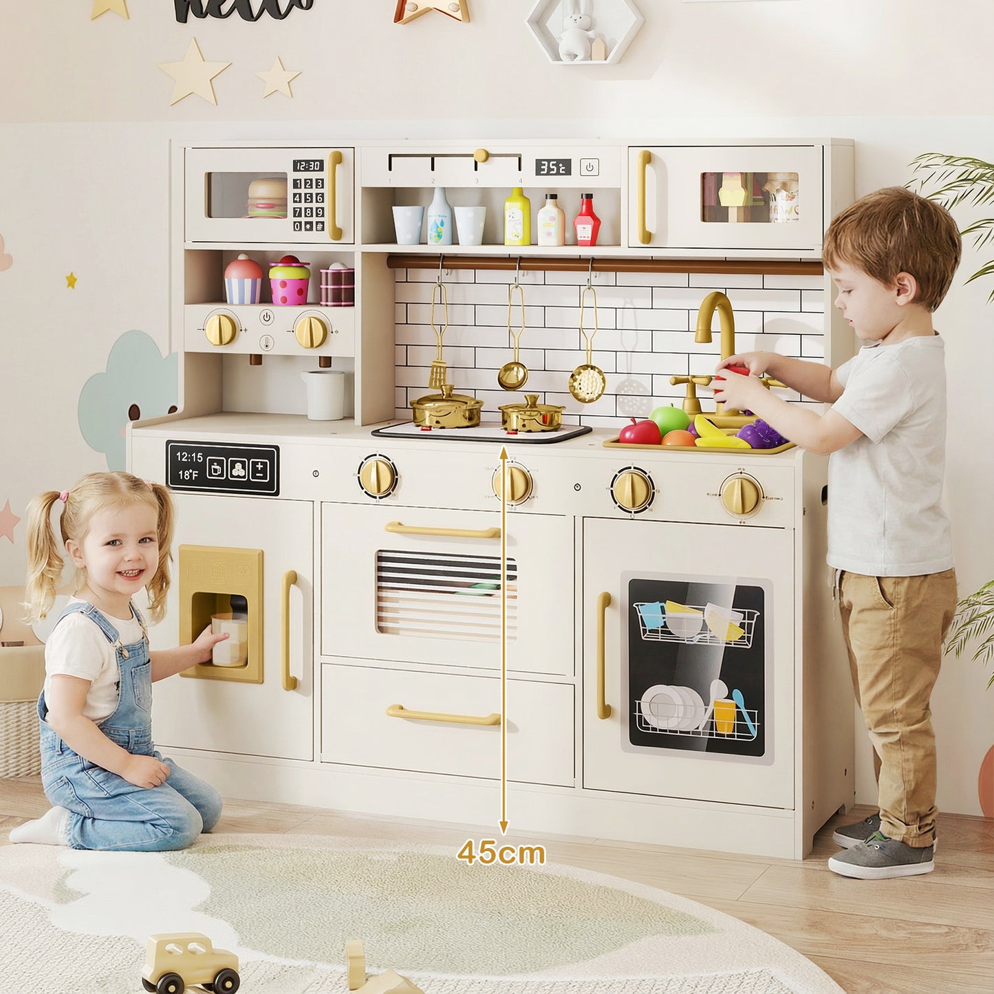 Kids Play Kitchen Set | Beige Toy Kitchen With Water Dispenser