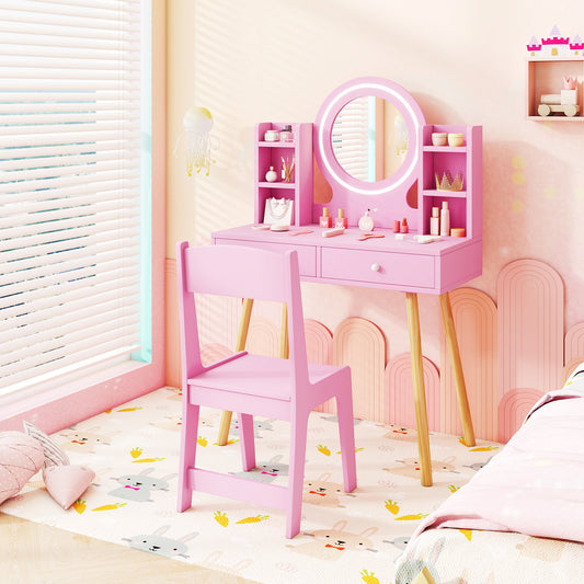 Princess Dressing Table and Chair Set with 2-Color Front Lit Mirror-Pink