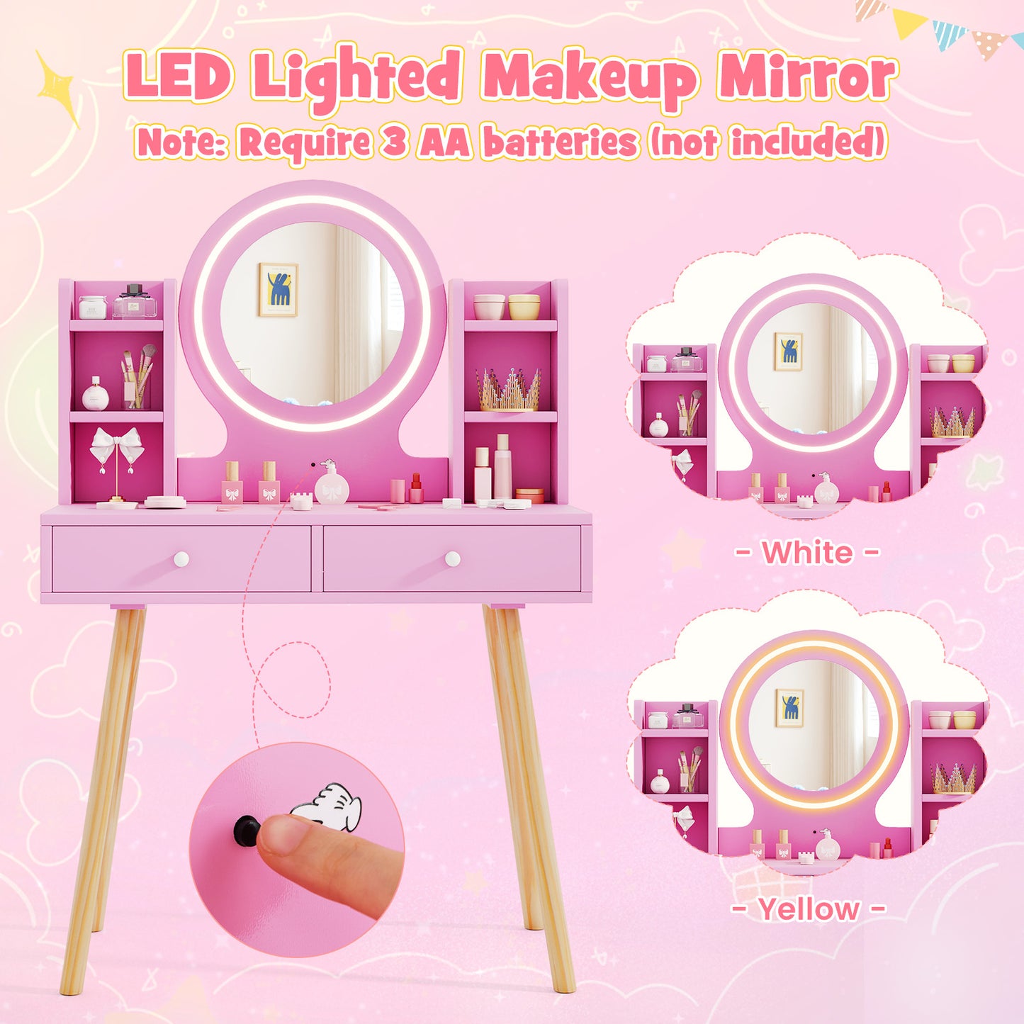 Pink Princess Vanity Set | 2-Colour LED Mirror & Storage Chair