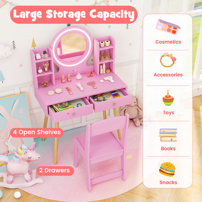 Pink Princess Vanity Set | 2-Colour LED Mirror & Storage Chair