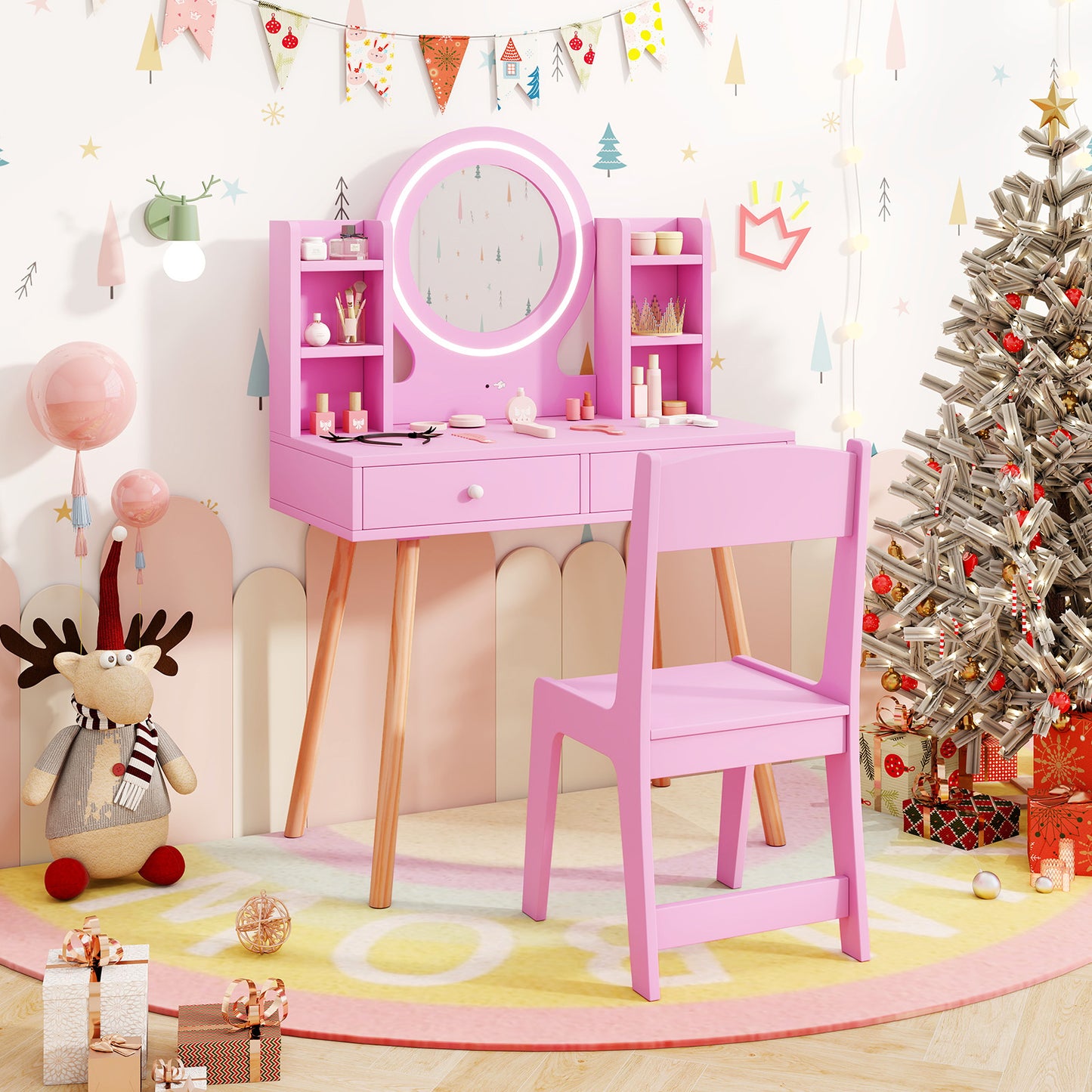 Pink Princess Vanity Set | 2-Colour LED Mirror & Storage Chair