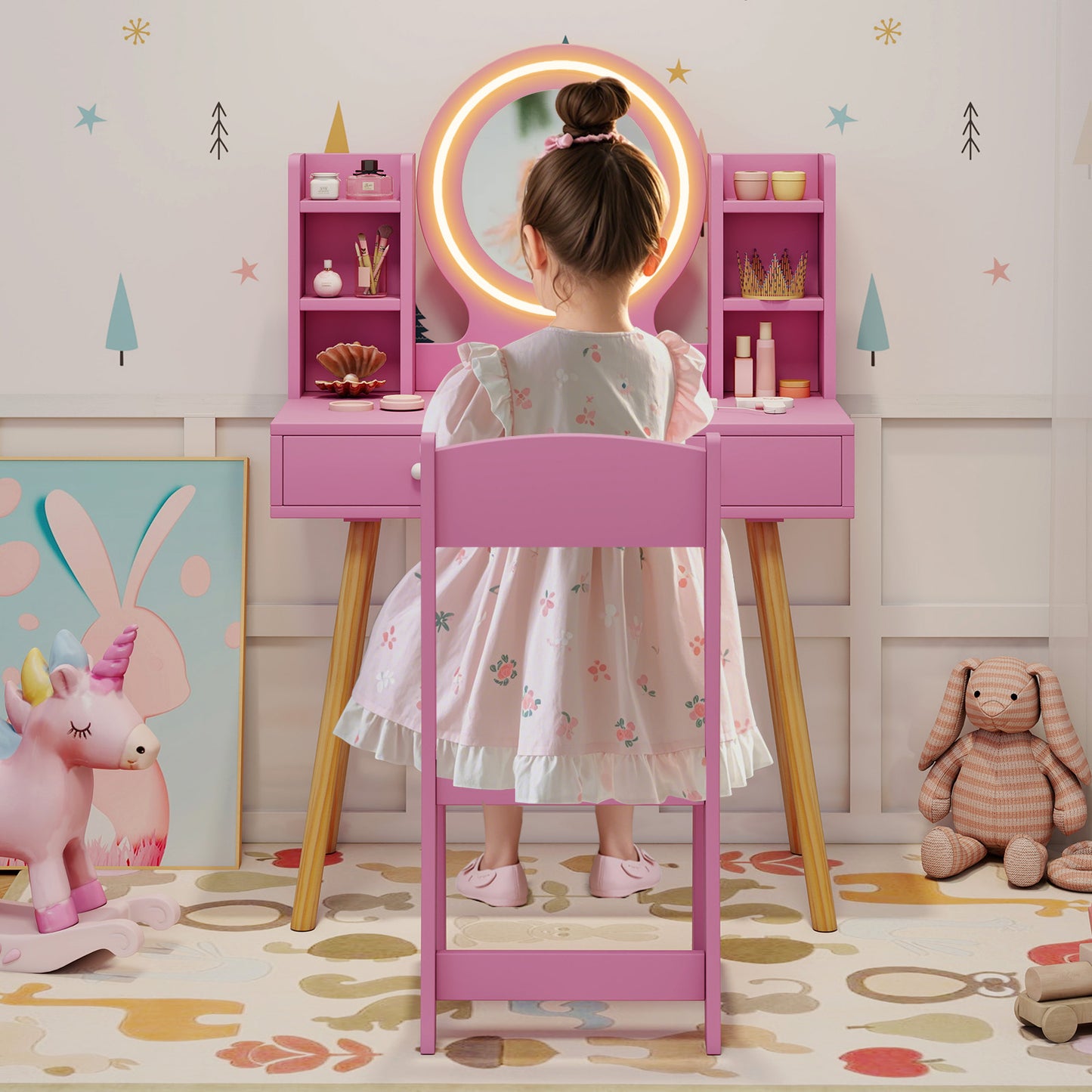 Pink Princess Vanity Set | 2-Colour LED Mirror & Storage Chair