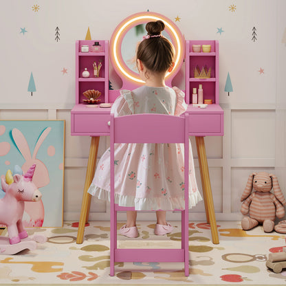 Pink Princess Vanity Set | 2-Colour LED Mirror & Storage Chair