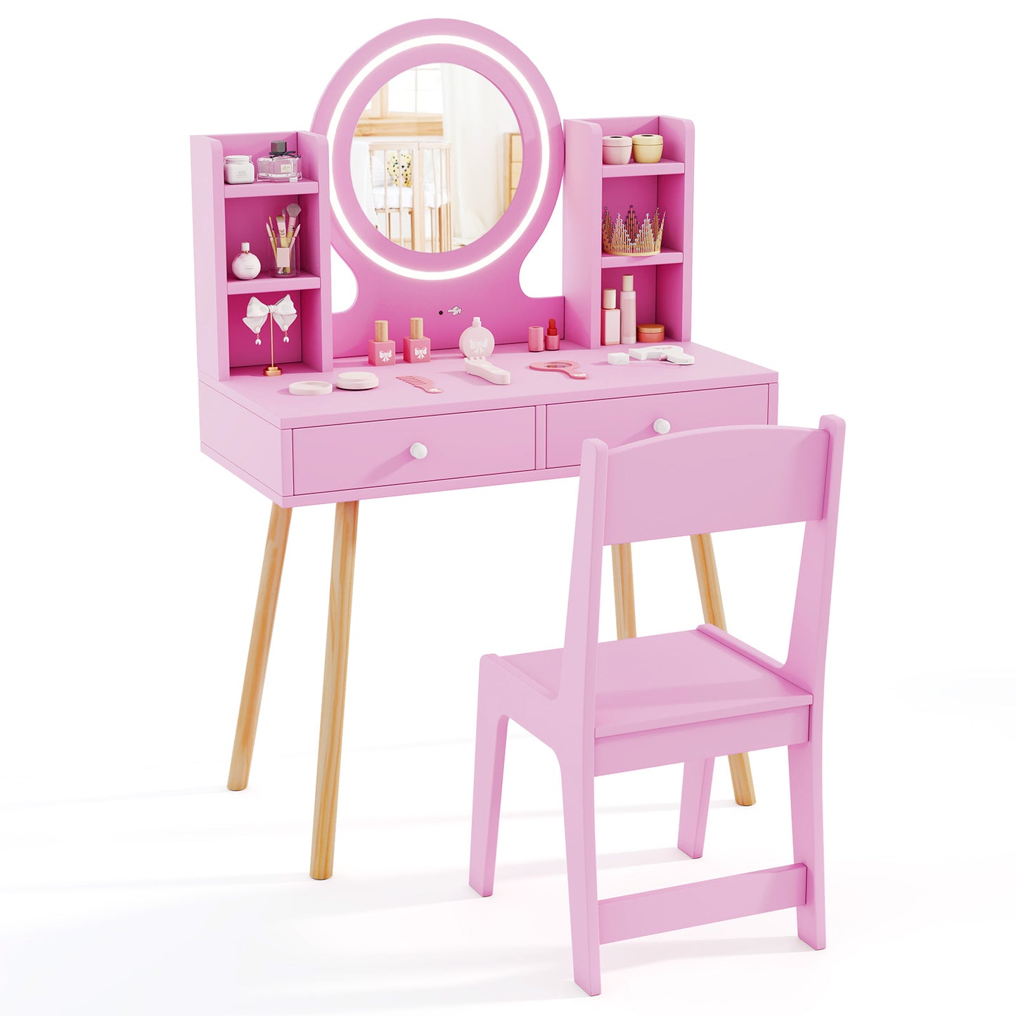 Pink Princess Vanity Set | 2-Colour LED Mirror & Storage Chair