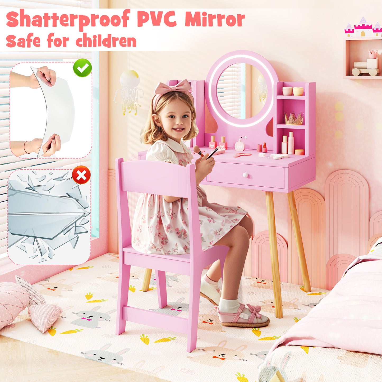 Pink Princess Vanity Set | 2-Colour LED Mirror & Storage Chair