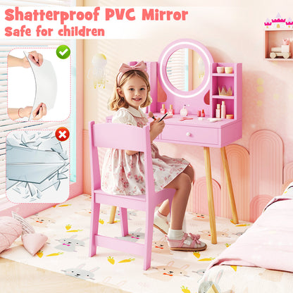 Pink Princess Vanity Set | 2-Colour LED Mirror & Storage Chair