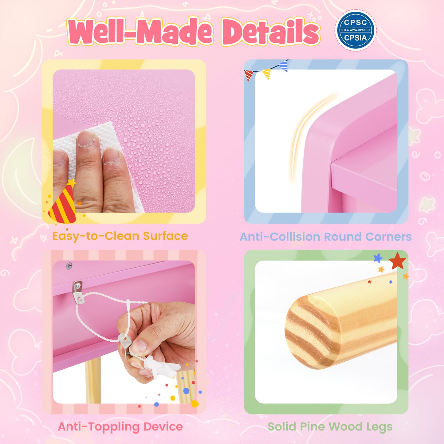 Pink Princess Vanity Set | 2-Colour LED Mirror & Storage Chair