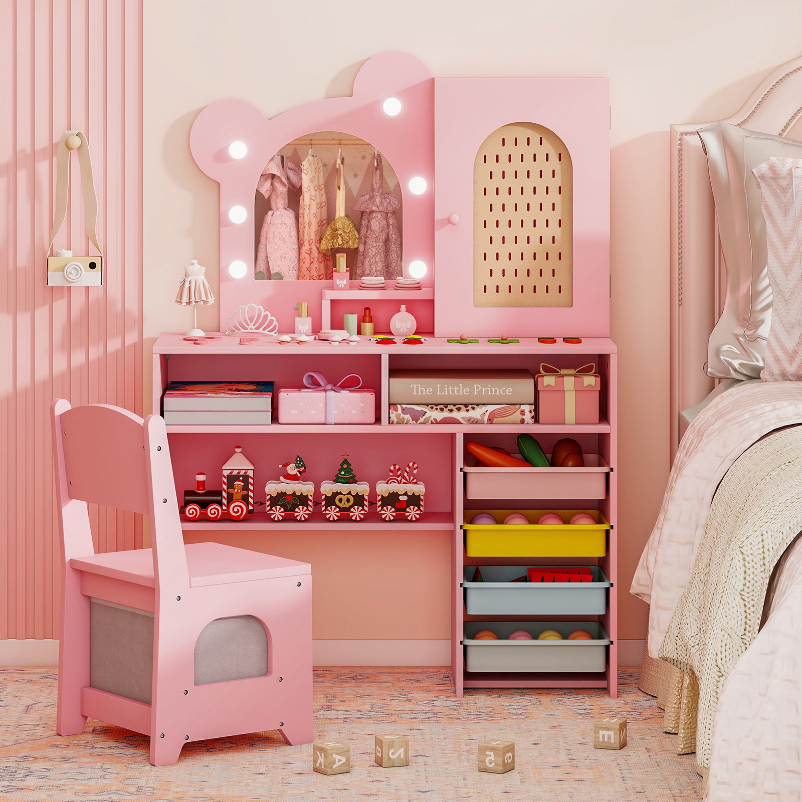 Pink Princess Vanity Table | 3-Color LED Mirror & Storage – Kids Mega Mart