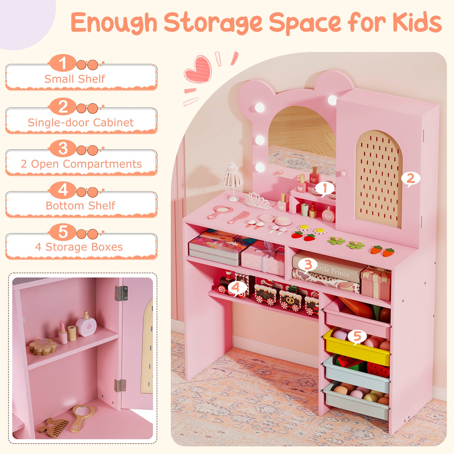 Pink Princess Vanity Table | LED Mirror & Storage Drawers Set