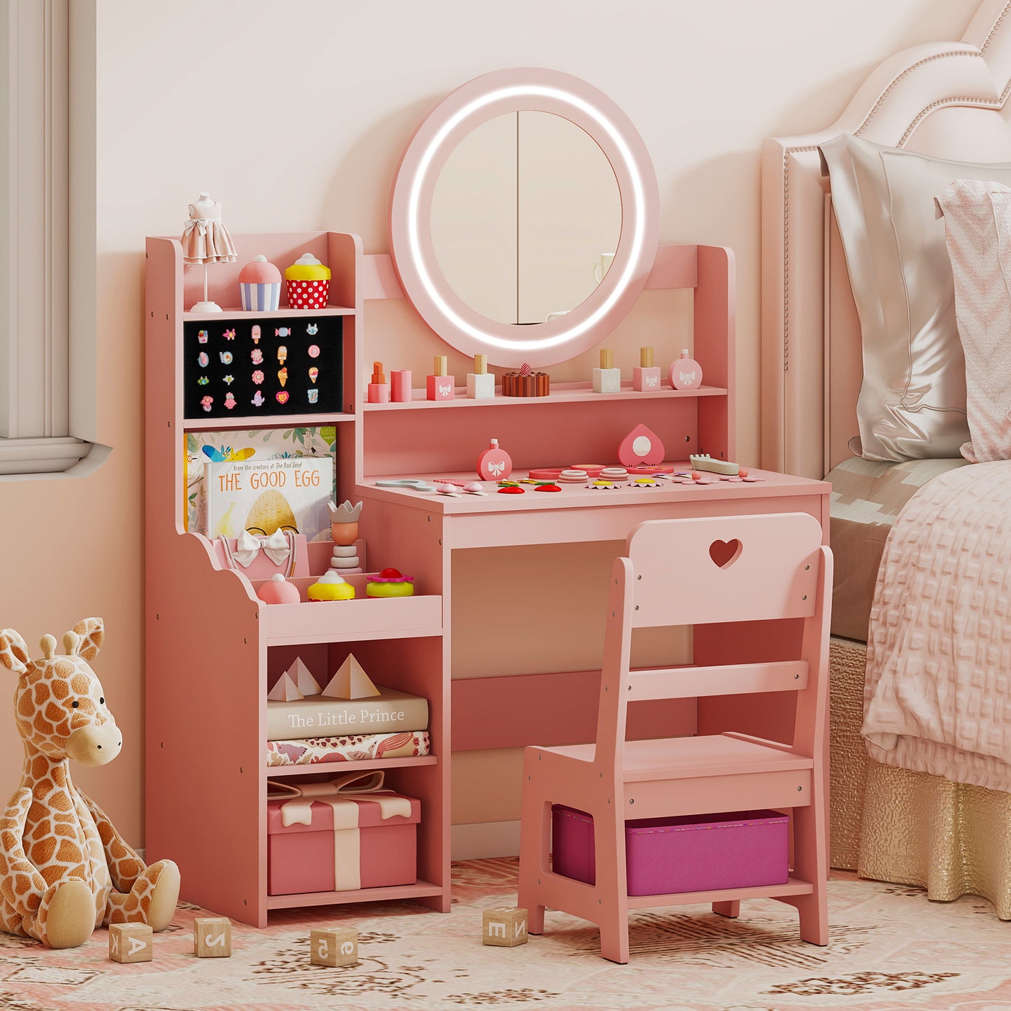 Kids Vanity Desk with Open Storage Shelves and Rings Slots-Pink