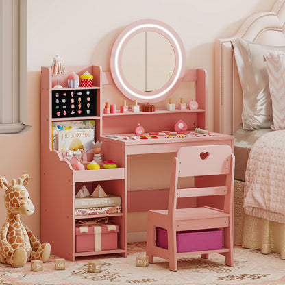Kids Vanity Desk with Open Storage Shelves and Rings Slots-Pink