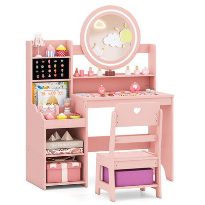 Pink Kids Vanity Desk | Built-in Lights & Storage Shelves