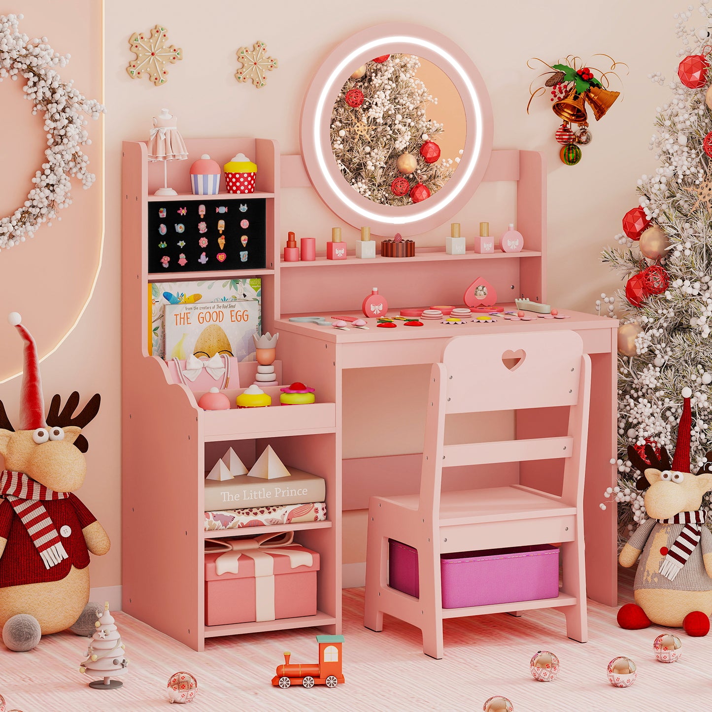 Pink Kids Vanity Desk | Built-in Lights & Storage Shelves