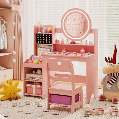 Pink Kids Vanity Desk | Built-in Lights & Storage Shelves